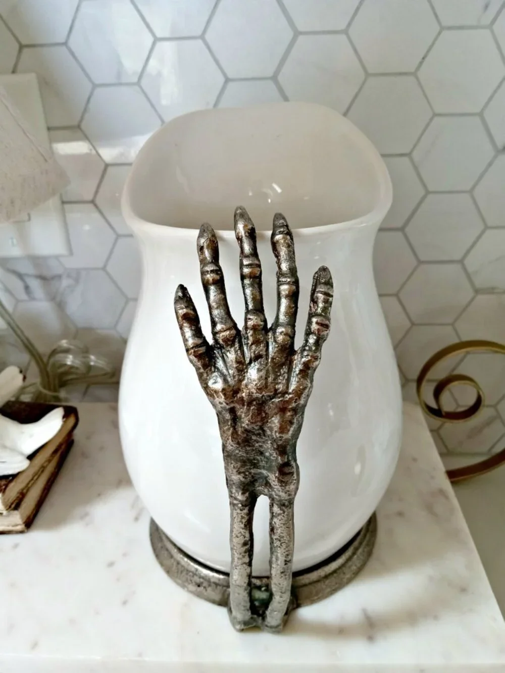 EXQUISITE SKELETON HANDS PITCHER CAST METAL BASE HANDS